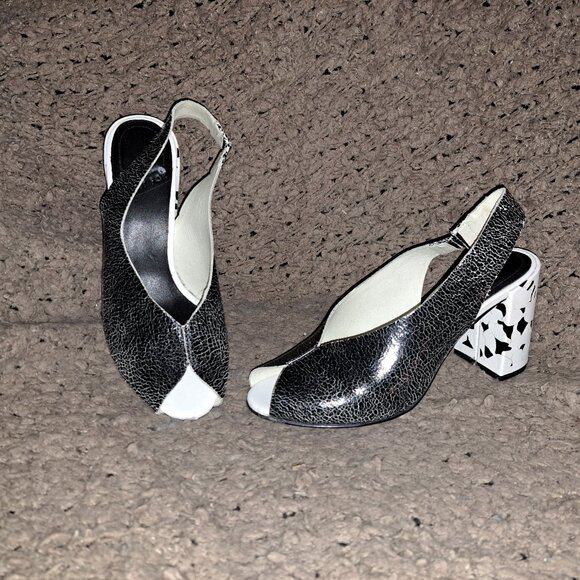 WHAT FOR-Paris-Crackled Black Leather-Distressed Cracked Heel-Slingback-Sz 37-EX - Picture 1 of 8